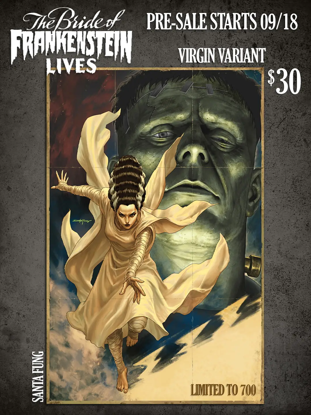 The Bride of Frankenstein Lives #1 Comic Sanctum Exclusive Santa Fung Virgin Variant cover, pre-sale starts 09/18, $30, limited to 700