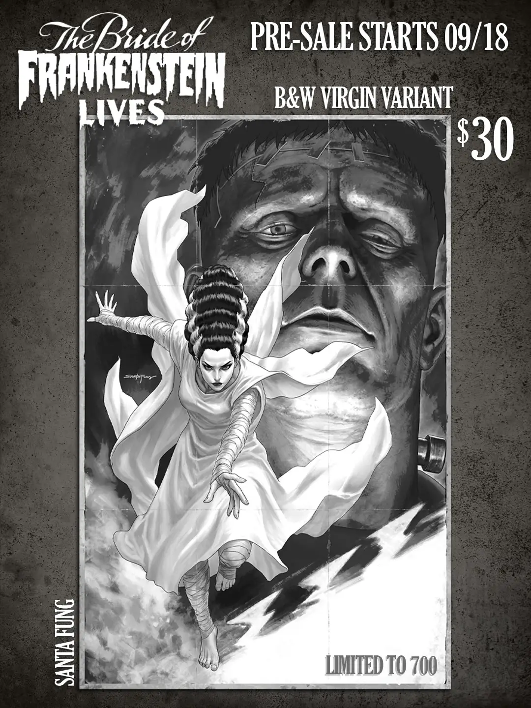 The Bride of Frankenstein Lives #1 Comic Sanctum Exclusive Santa Fung Black and White Virgin Variant cover, pre-sale starts 09/18, $30, limited to 700